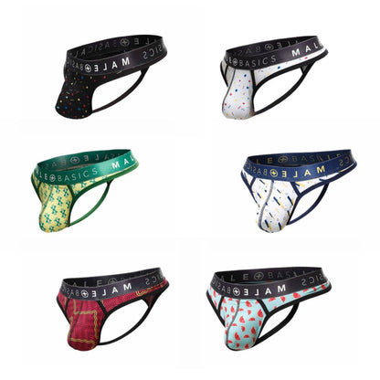 Six pairs of malebasics mens thong sexy pouch underwear with colorful patterns and black elastic waistband