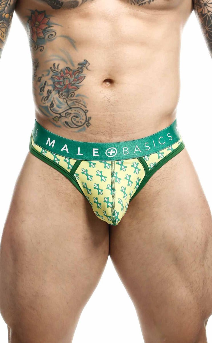 Malebasics mens thong sexy pouch in green and yellow patterned fabric with male basics waistband for comfort and style