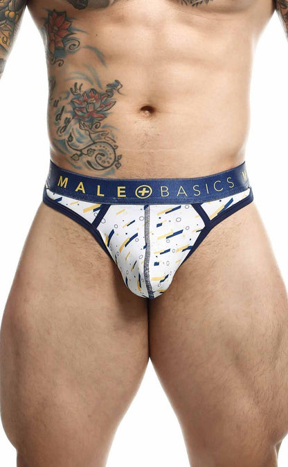 White and navy blue patterned malebasics mens thong sexy pouch briefs with geometric design and branded waistband