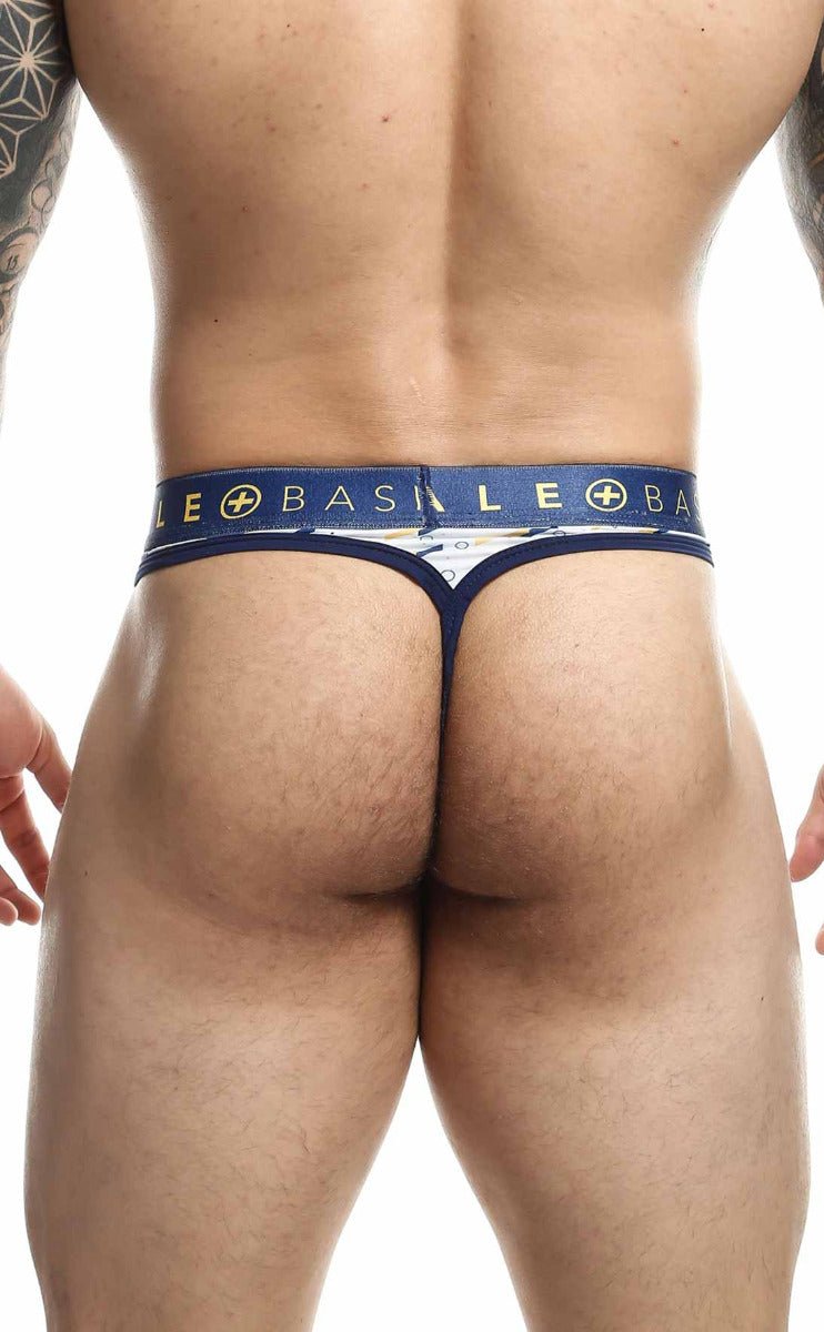 Navy blue and white malebasics mens thong with gold basile branding on waistband and a sexy pouch design