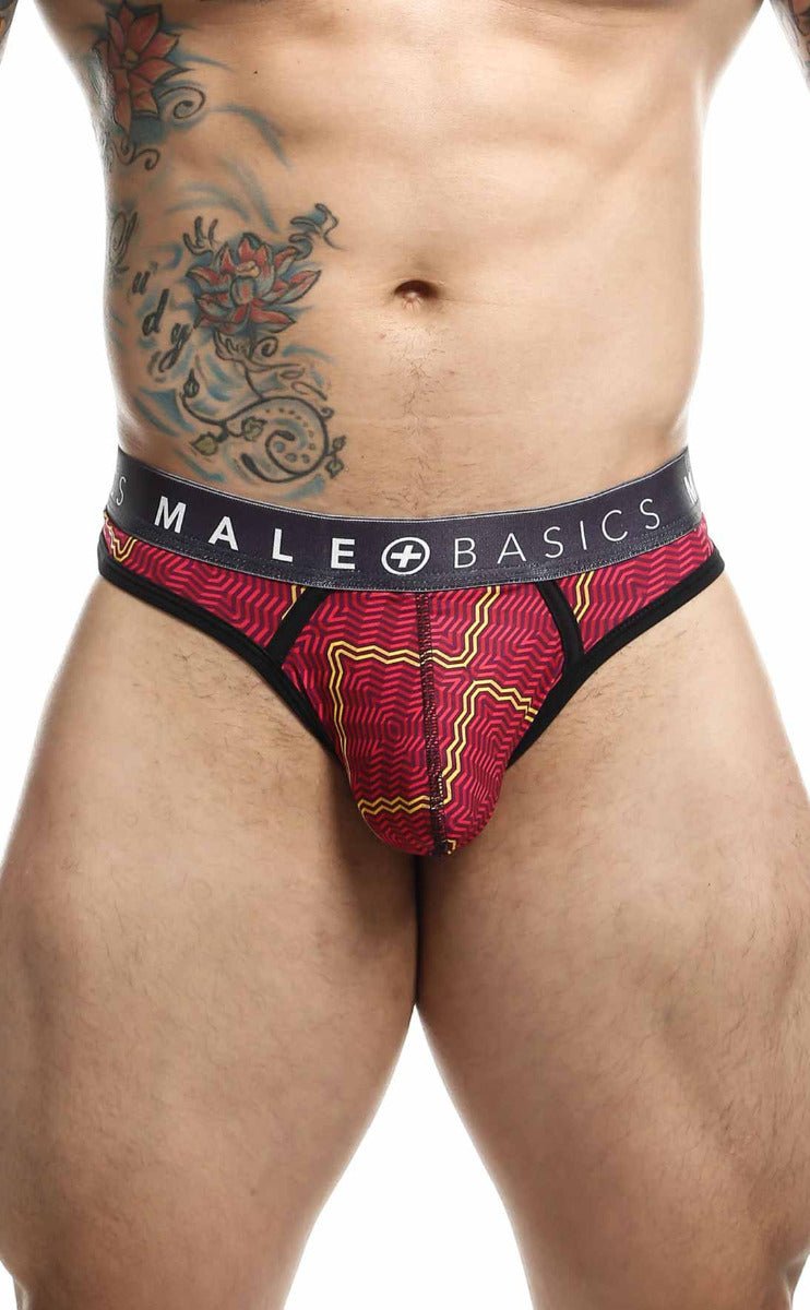 Malebasics mens thong sexy pouch in red and black patterned fabric with a male basics waistband for comfort