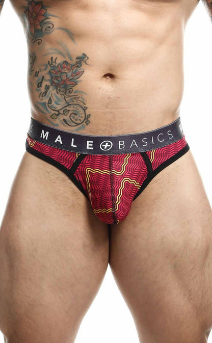 Malebasics mens thong sexy pouch in red and black patterned fabric with a male basics waistband for comfort