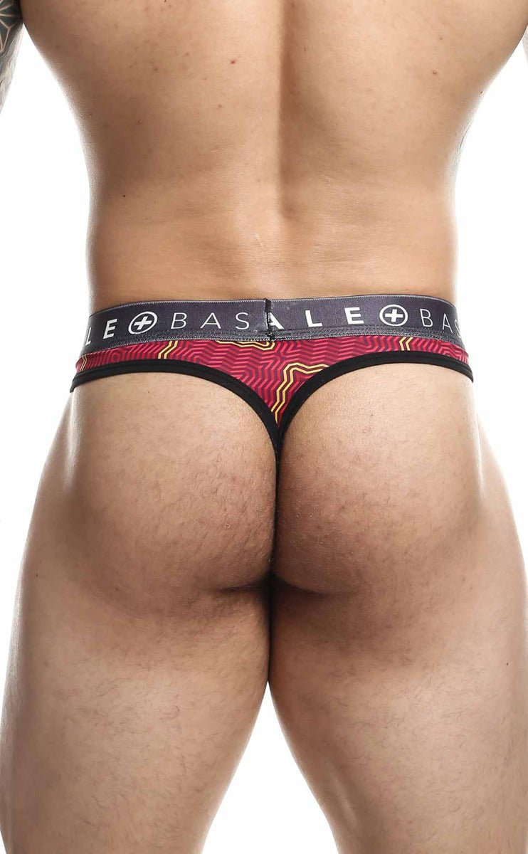 Malebasics mens thong with red and black pattern and gray elastic waistband featuring basale brand name pouch