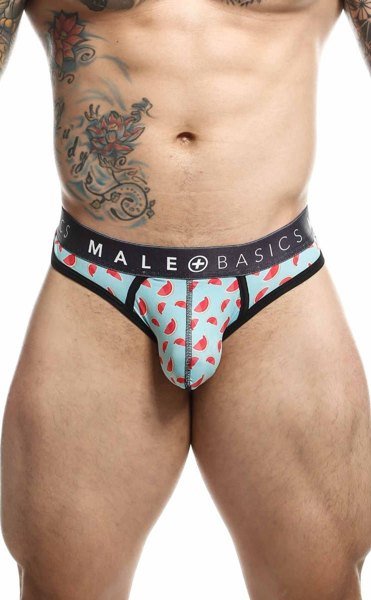 Malebasics mens thong sexy pouch in light blue watermelon pattern with black trim and branded waistband