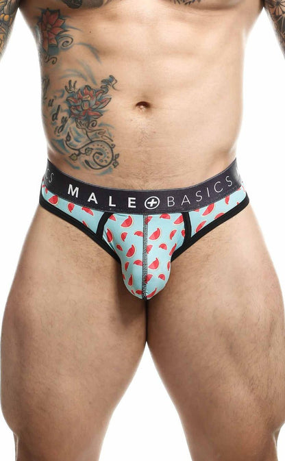 Malebasics mens thong sexy pouch in light blue watermelon pattern with black trim and branded waistband