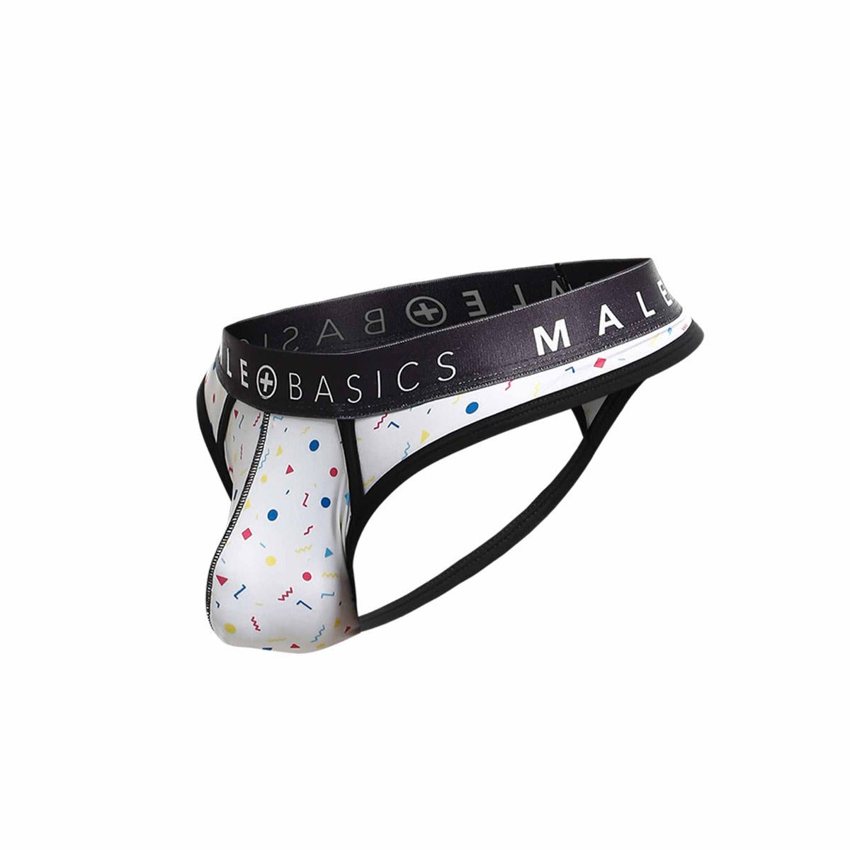Malebasics mens thong sexy pouch in white with multicolored confetti pattern and black branded elastic waistband