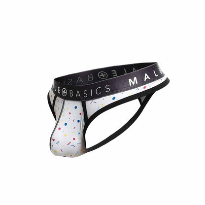 Malebasics mens thong sexy pouch in white with multicolored confetti pattern and black branded elastic waistband