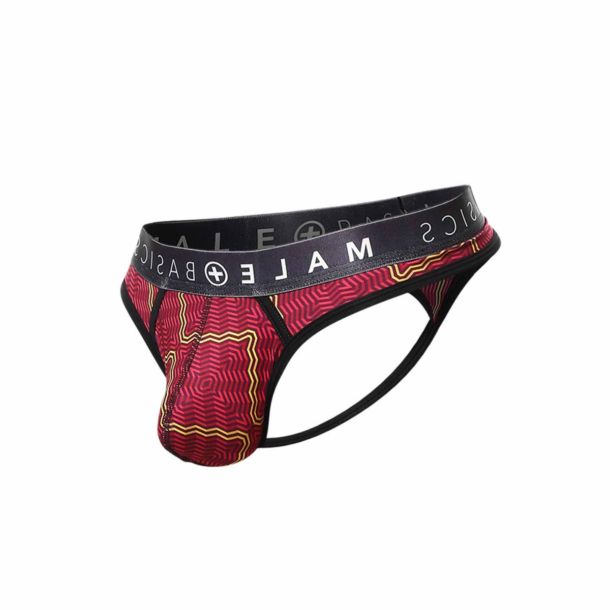 Malebasics mens thong sexy pouch in red and gold patterned fabric with black waistband and male basics logo