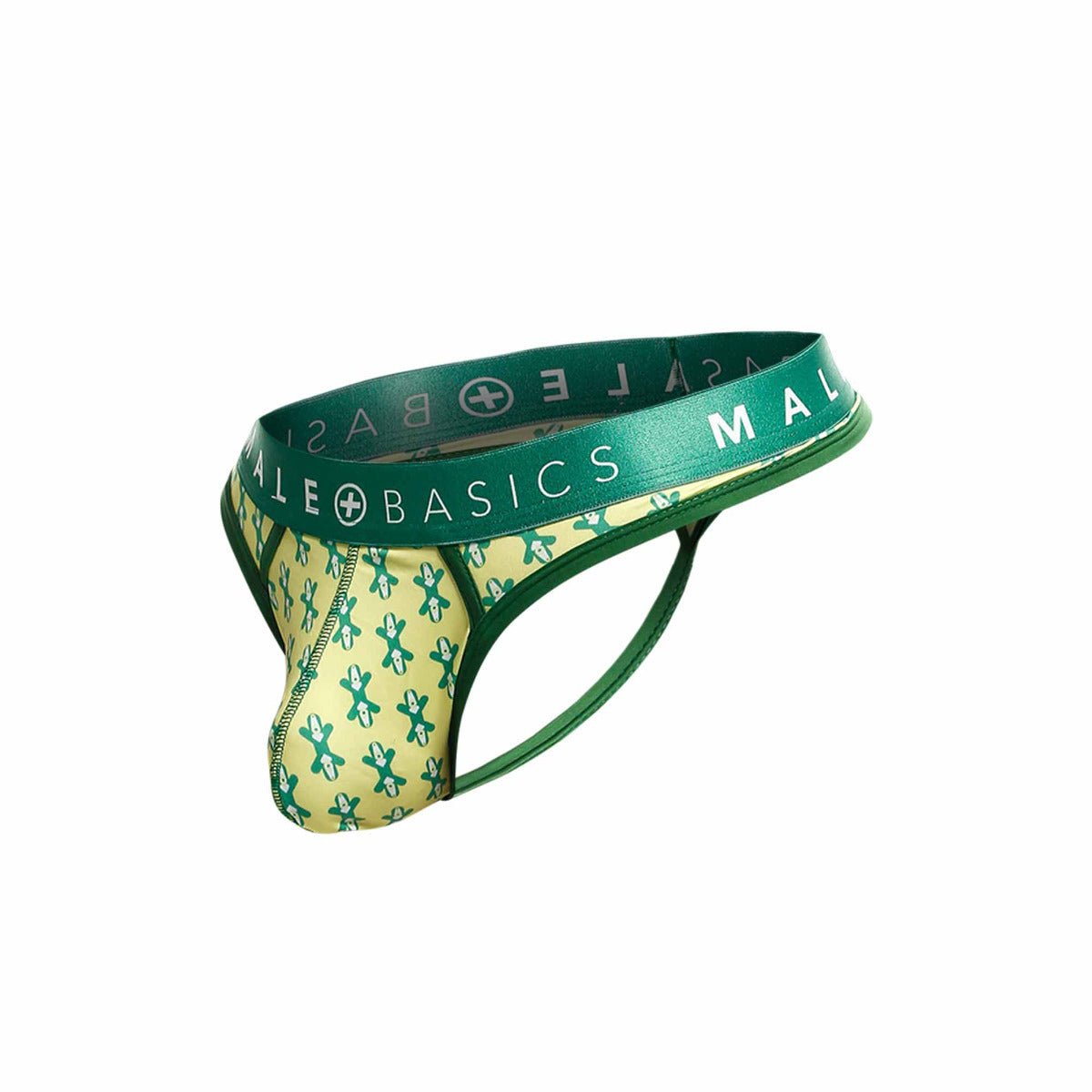 Malebasics mens thong sexy pouch in green and yellow patterned fabric with a branded waistband for comfort and style