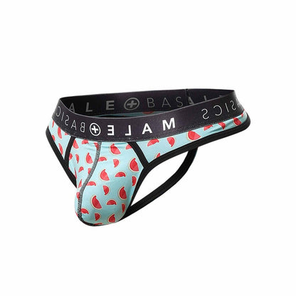 Malebasics mens thong sexy pouch in light blue watermelon slice pattern with black elastic waistband and leg straps