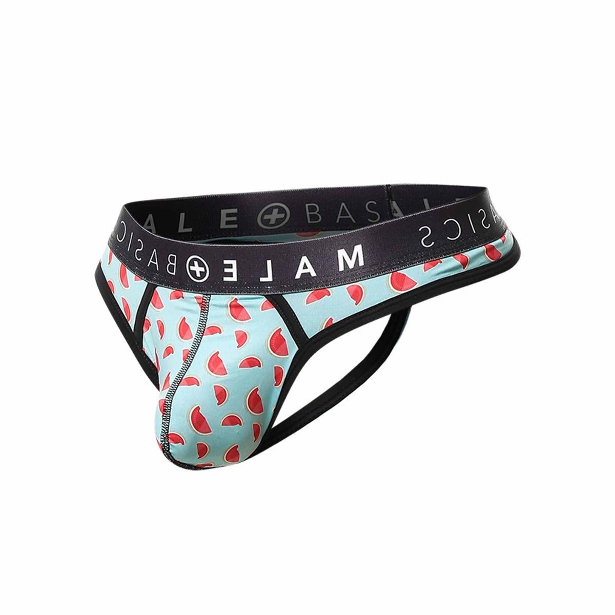 Malebasics mens thong sexy pouch with light blue watermelon slice pattern black waistband and side straps