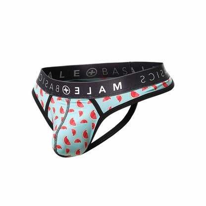 Malebasics mens thong sexy pouch with light blue watermelon slice pattern black waistband and side straps