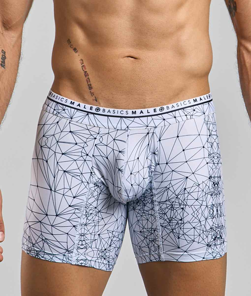 White boxer briefs with black geometric line pattern and basics male branded waistband by malebasics new hipster boxer brief spider