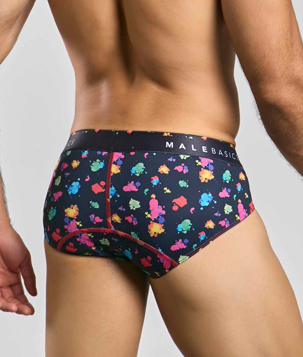 Malebasics new hipster brief black splash with vibrant multicolored paint splatter and red stitched seams