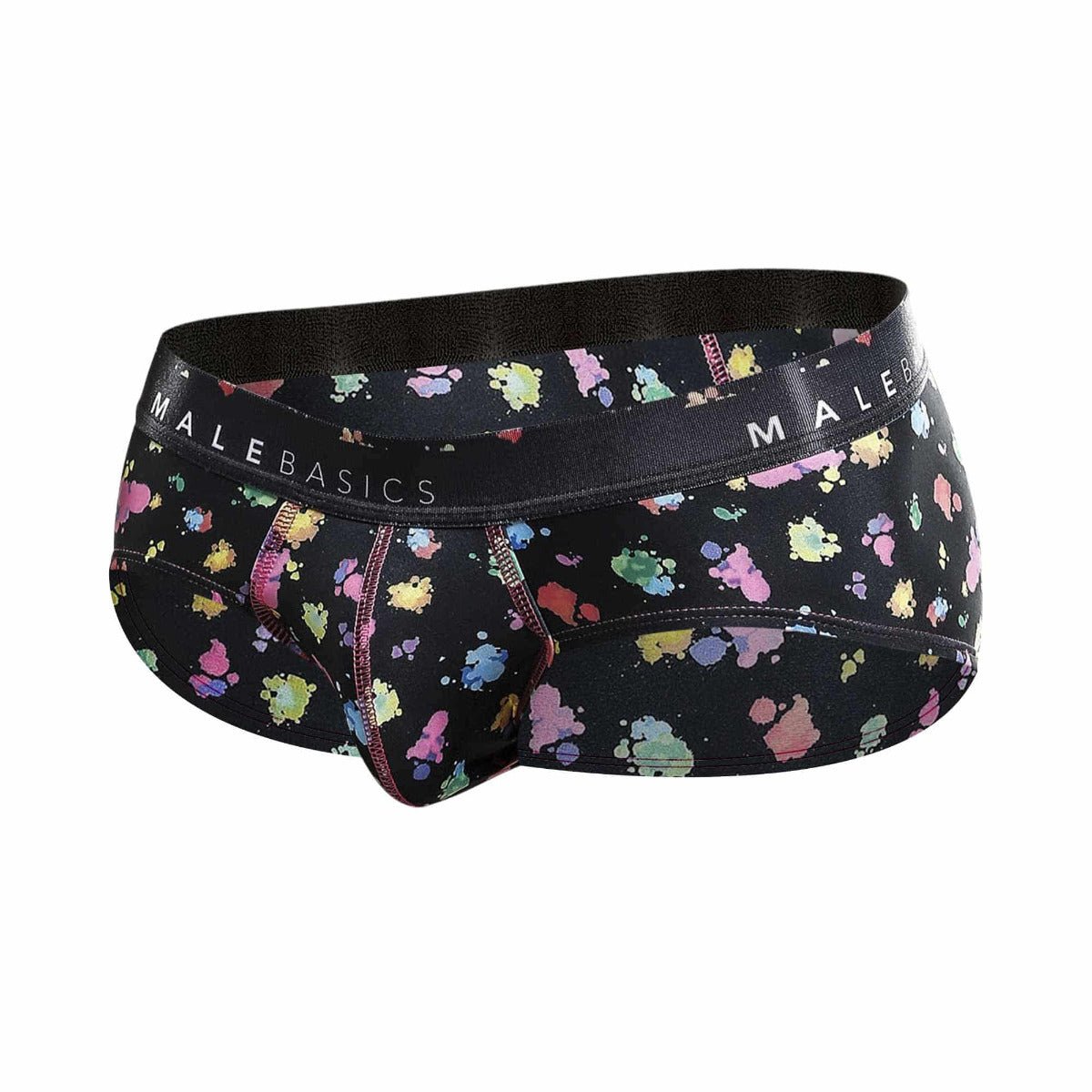 Malebasics new hipster brief black splash featuring black basics briefs with vibrant multicolored paint splatter pattern