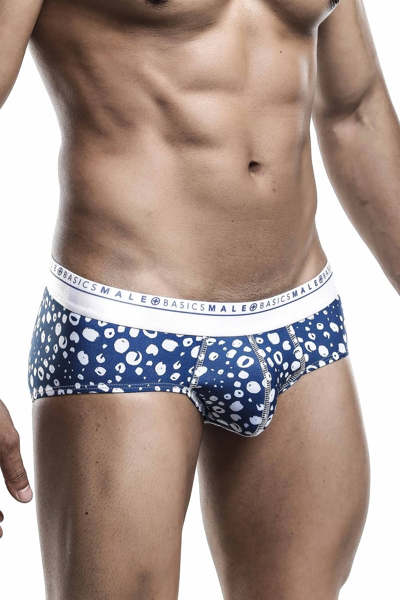 Malebasics new hipster brief paros in blue and white patterned cotton with a repeating circular design for men