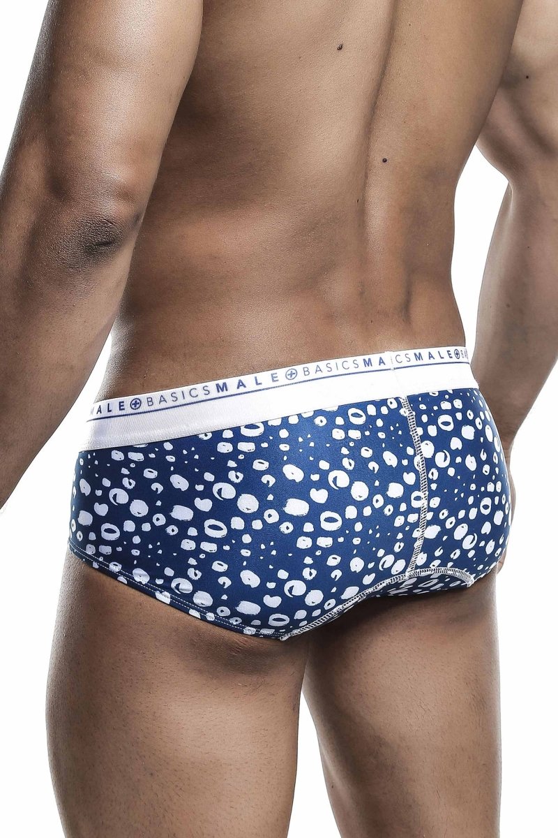 Malebasics new hipster brief paros in blue and white patterned cotton with abstract dot design for men