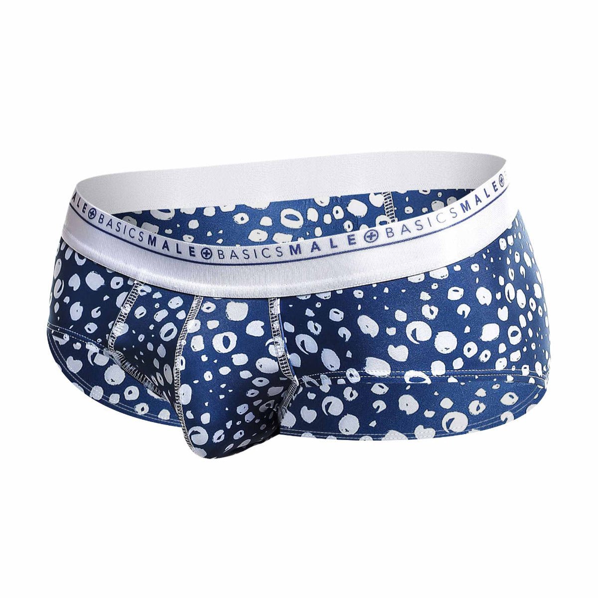 Malebasics new hipster brief paros blue and white patterned men’s briefs with branded elastic waistband front view