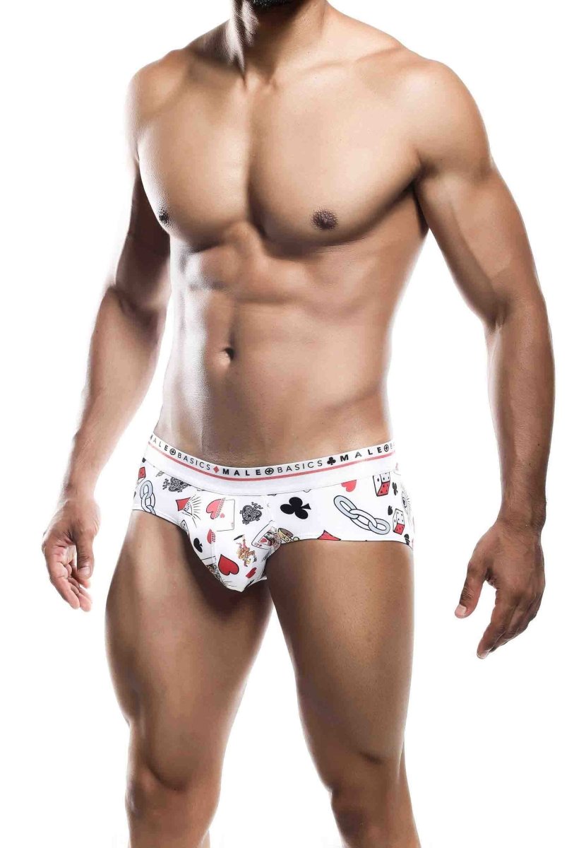 White malebasics new hipster brief poker with a playful red and black playing card pattern including ace of spades