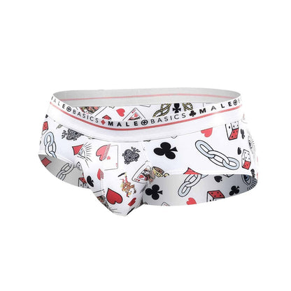 White malebasics new hipster briefs with black red and gray poker card symbols and dice pattern