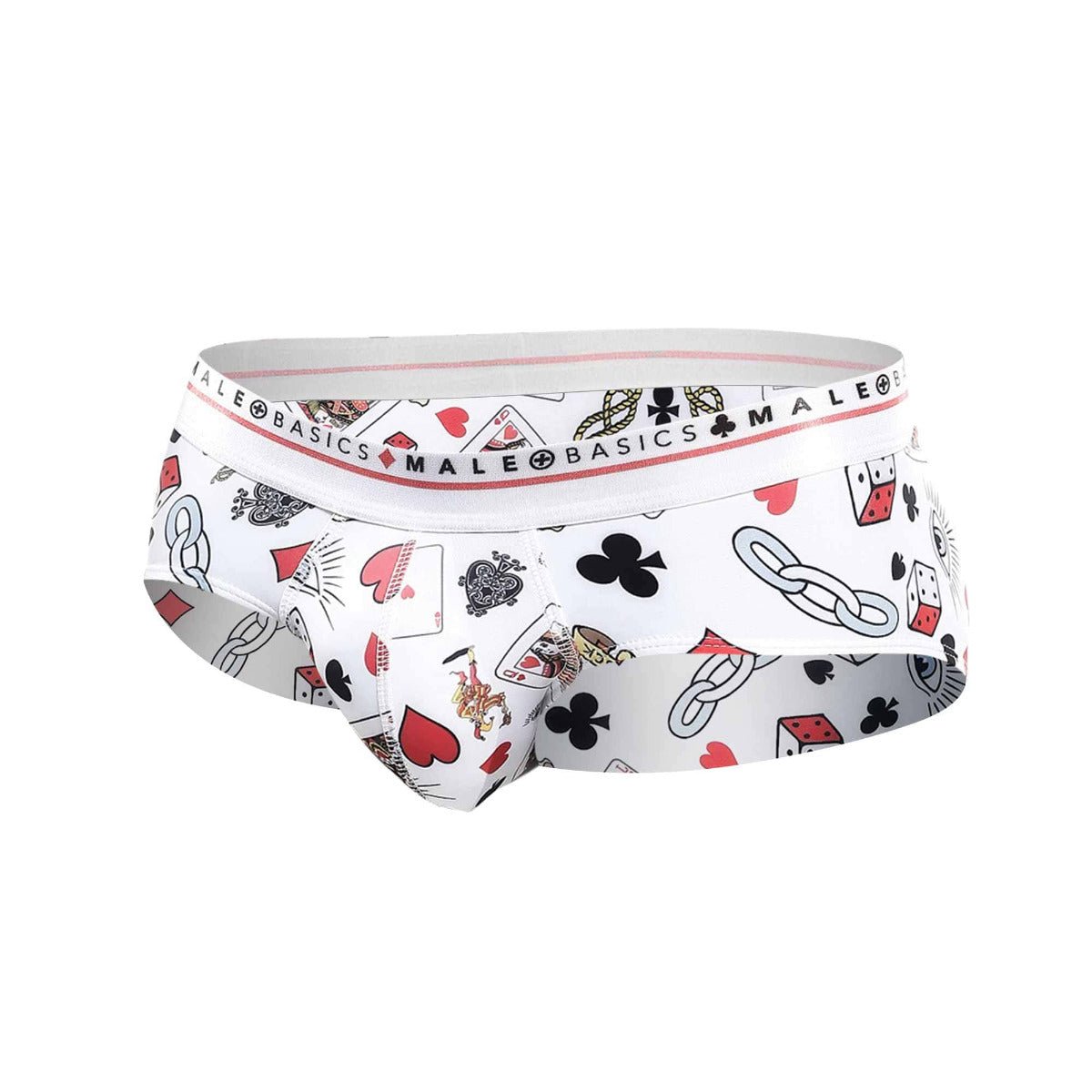 White men’s briefs by malebasics featuring a playful black red and gray poker card and dice pattern