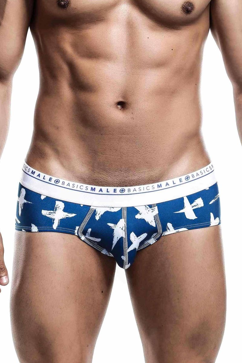Malebasics new hipster brief santorini featuring blue and white patterned men’s briefs with repeating bird design