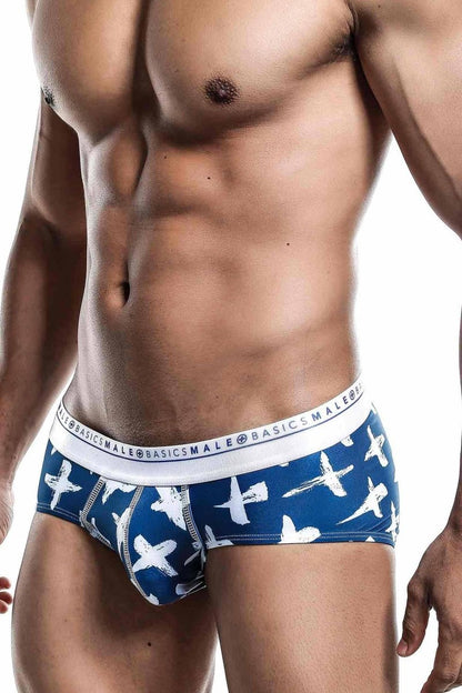 Malebasics new hipster brief santorini blue and white patterned men’s briefs with repeating bird design