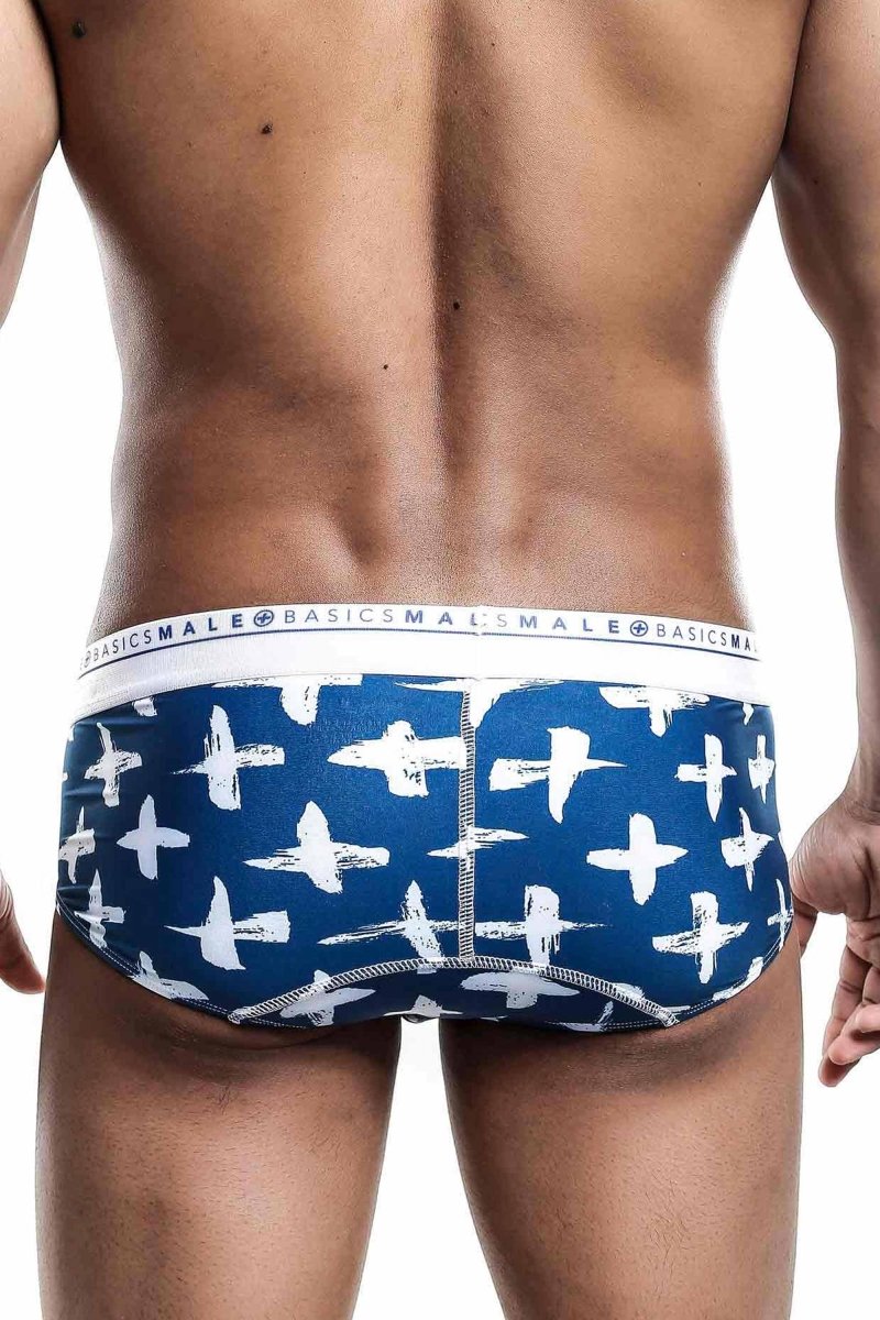 Malebasics new hipster brief santorini blue and white patterned men’s briefs with bold bird design