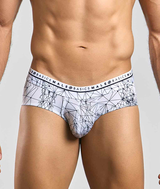 White and black geometric patterned men’s hipster briefs with branded waistband from malebasics new hipster brief spider