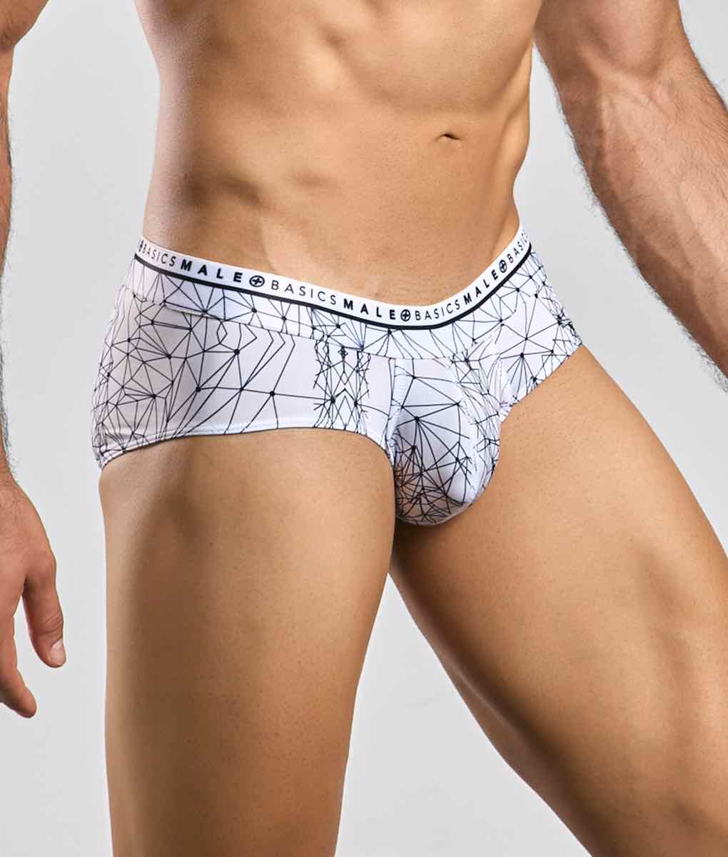 White malebasics new hipster brief with black geometric spider pattern and branded waistband in cotton fabric