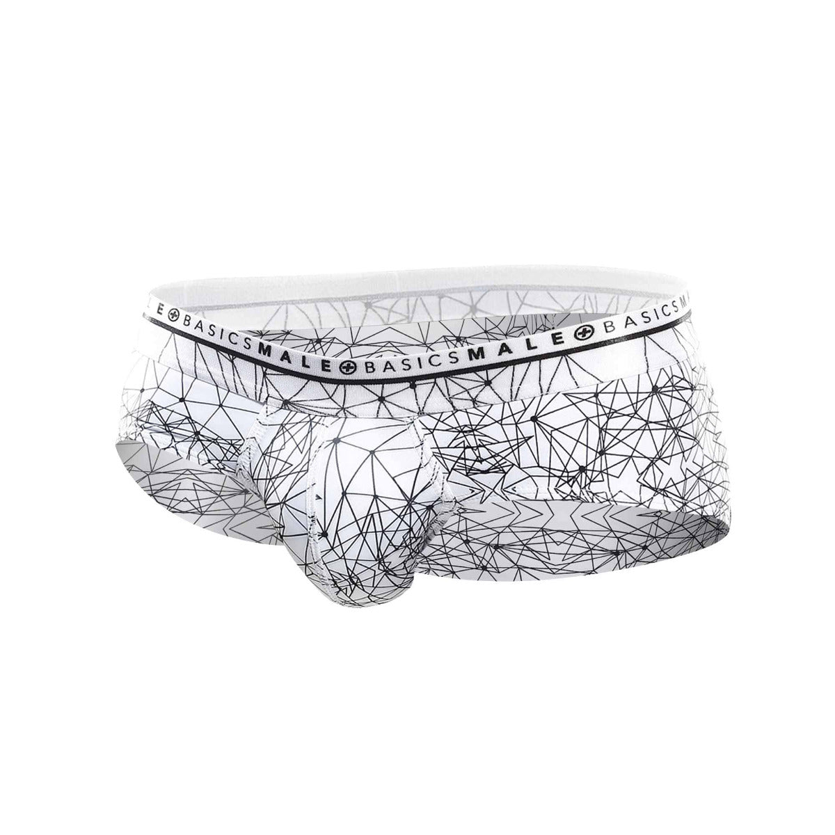 Malebasics new hipster brief spider white briefs with black geometric lines and branded elastic waistband front view