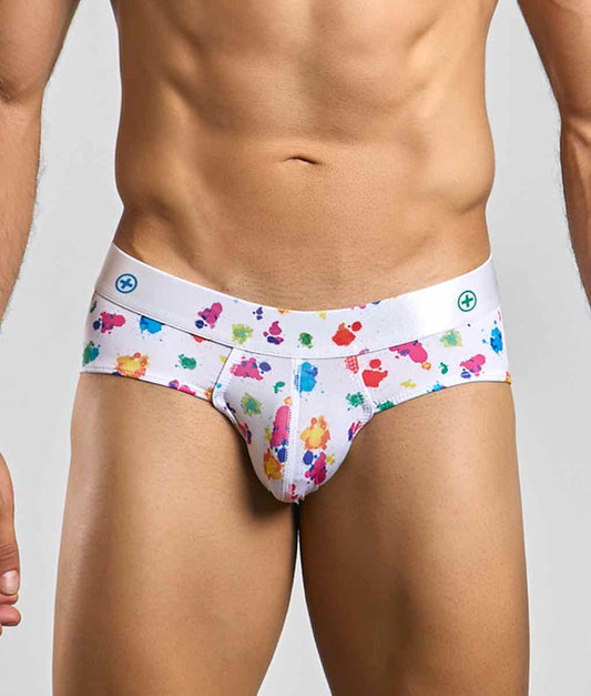 Malebasics new hipster brief white splash features white briefs with vibrant multicolored paint splatter and subtle waistband logo