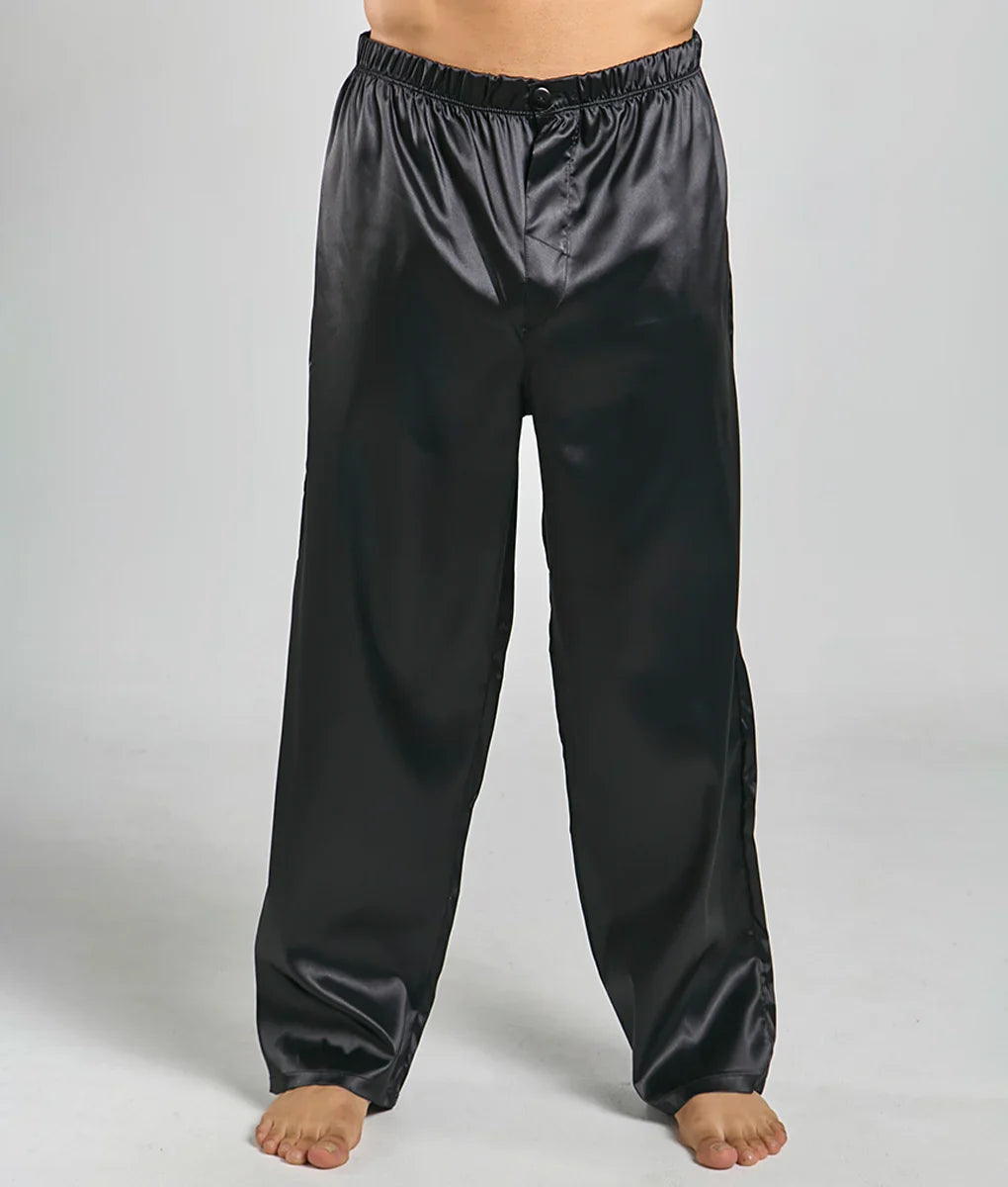 Black satin pajama pants from Malebasics with elastic waistband and smooth glossy finish