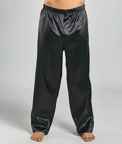 Black satin pajama pants from Malebasics with elastic waistband and smooth glossy finish