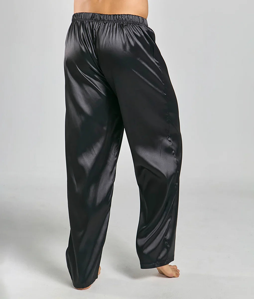 Black satin pajama pants from Malebasics with a relaxed wide-leg cut and elastic waistband