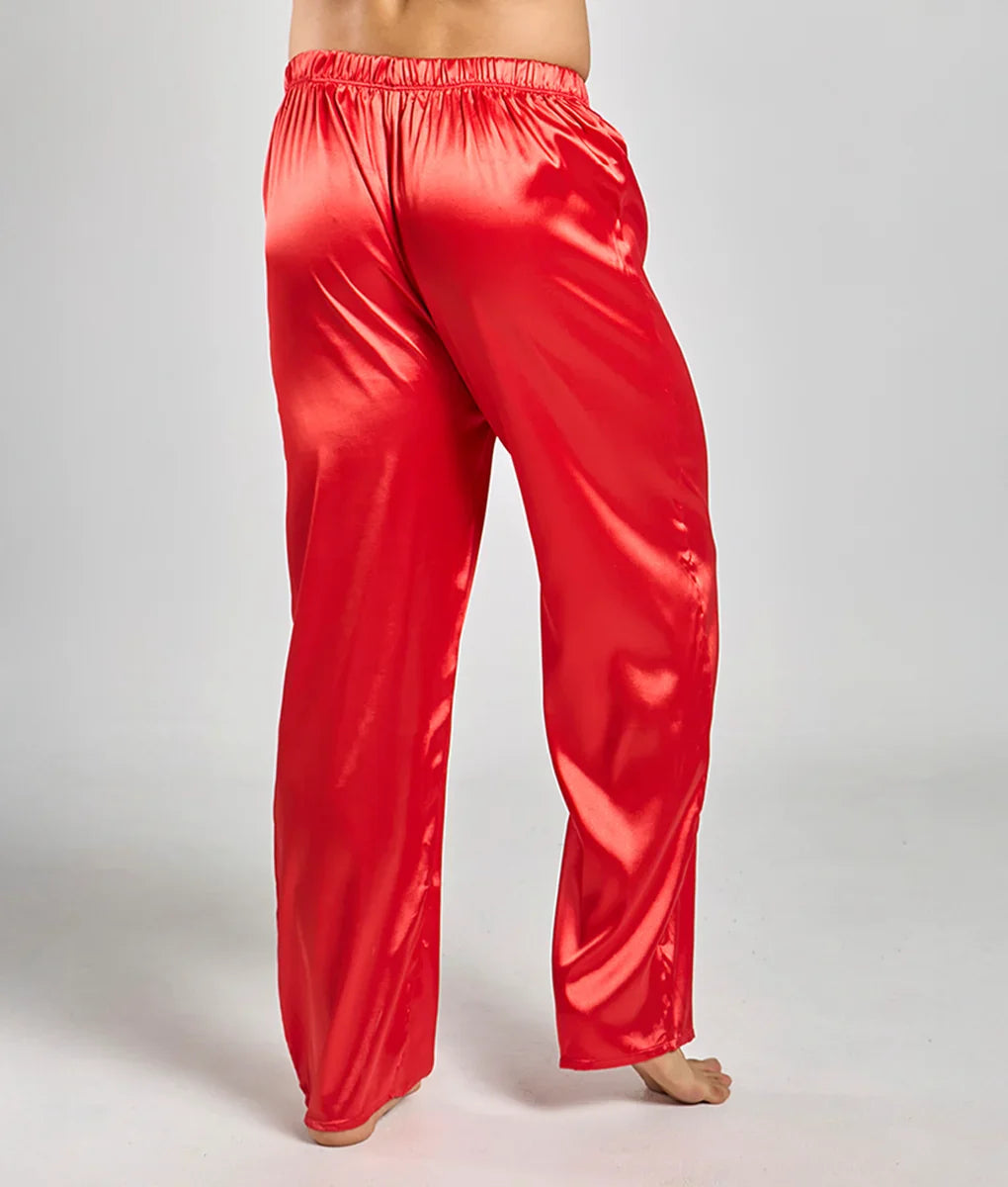 Red satin pajama pants with elastic waistband from malebasics pants satin collection