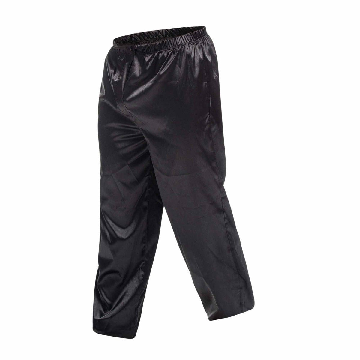 Black satin malebasics pants with elastic waistband for a comfortable fit