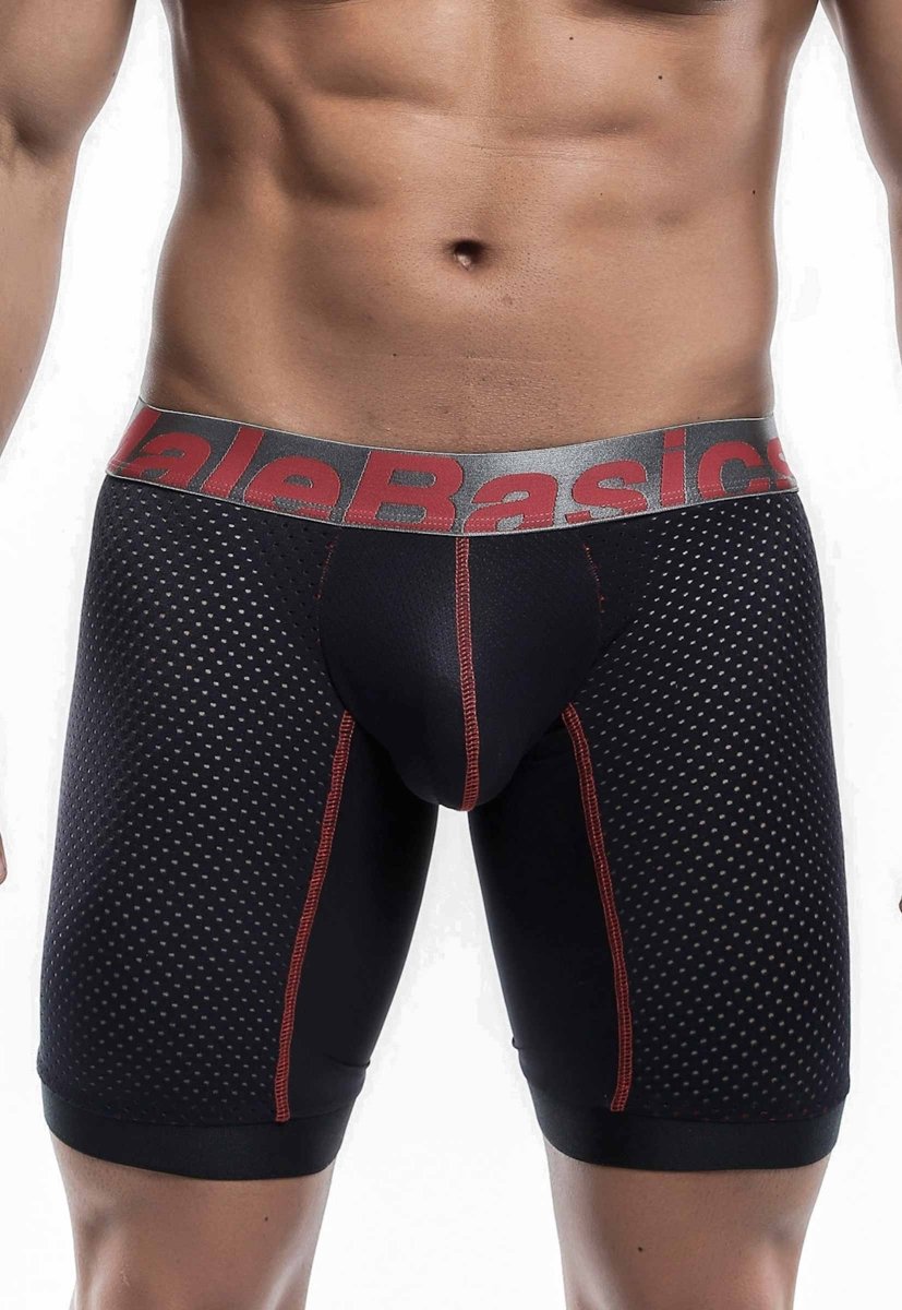 Black malebasics performance titanium fit athletic boxer briefs with perforated mesh and red stitching details