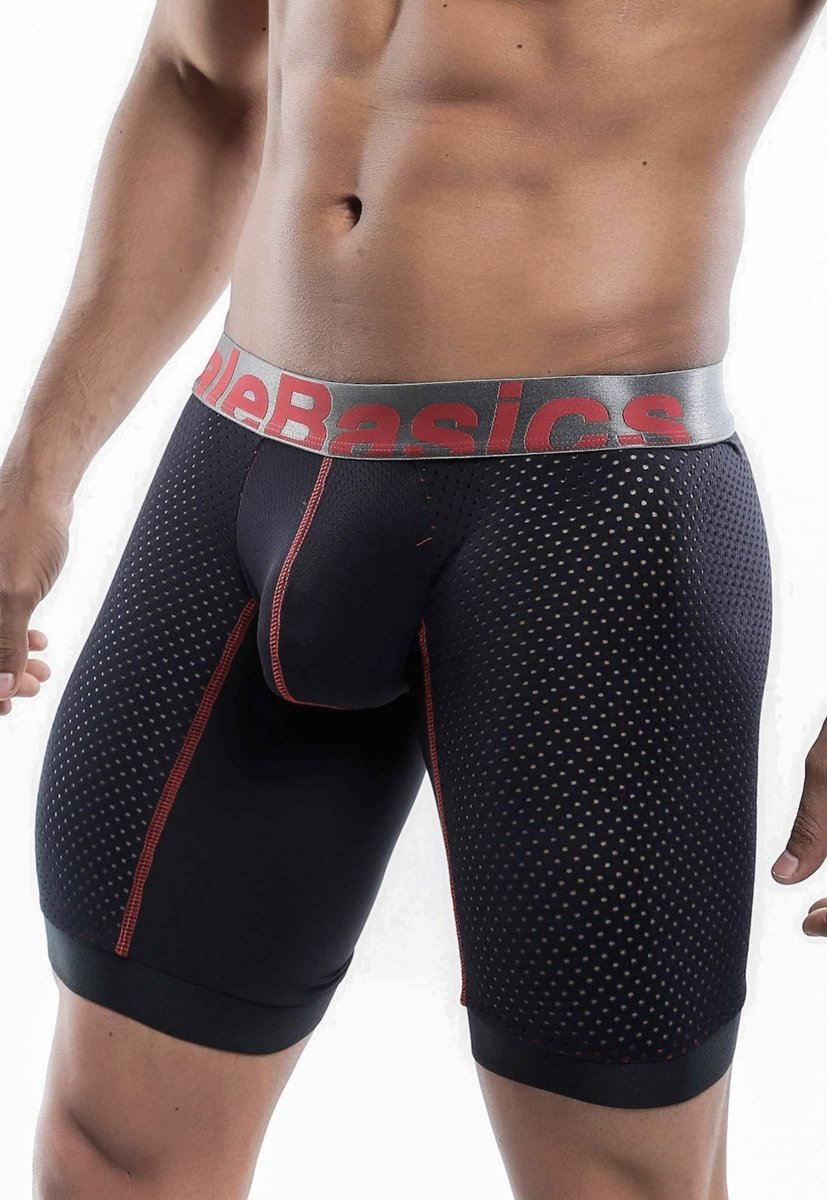 Malebasics performance titanium fit athletic boxer black perforated mesh with red stitching and gray mebasics waistband