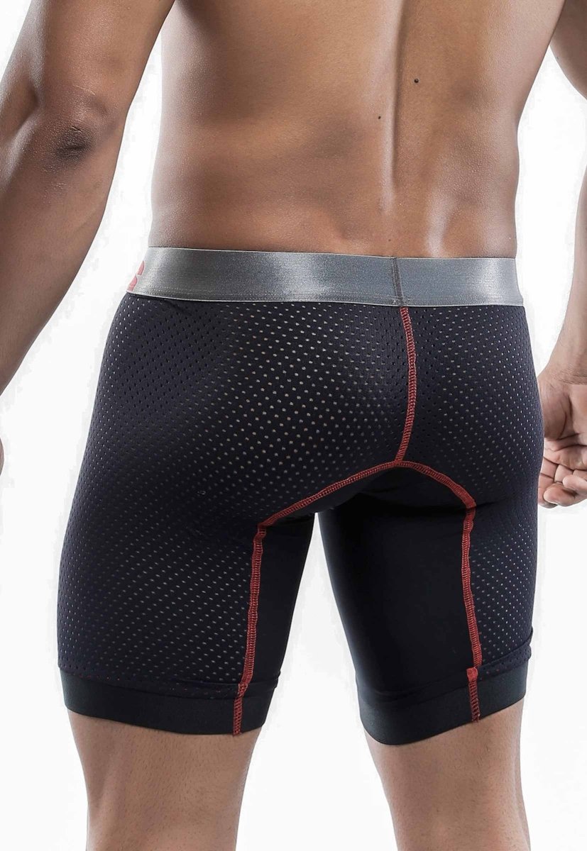 Malebasics performance titanium fit black perforated athletic boxer with silver waistband and red stitching