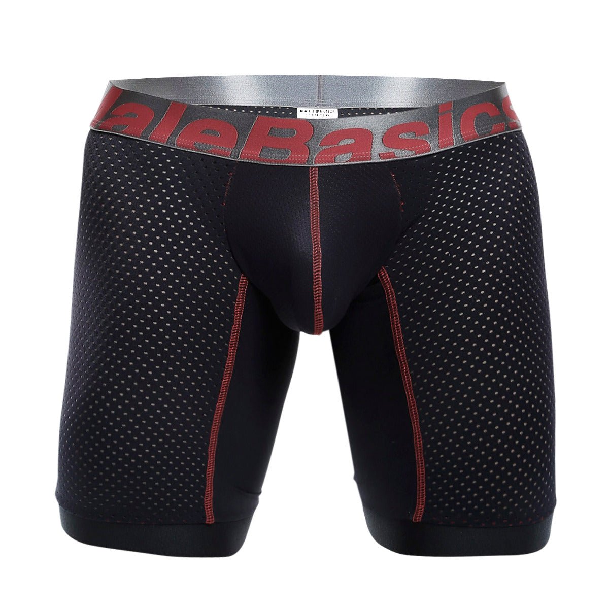 Malebasics performance titanium fit athletic boxer in black mesh with red stitching and gray waistband logo