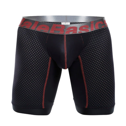 Malebasics performance titanium fit athletic boxer briefs in black mesh with red stitching and gray logo waistband