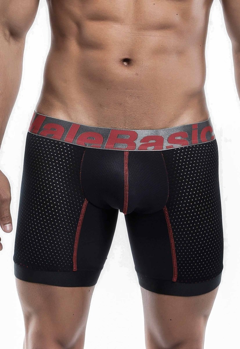 Black malebasics performance titanium fit boxer briefs with perforated mesh and red stitching on gray waistband