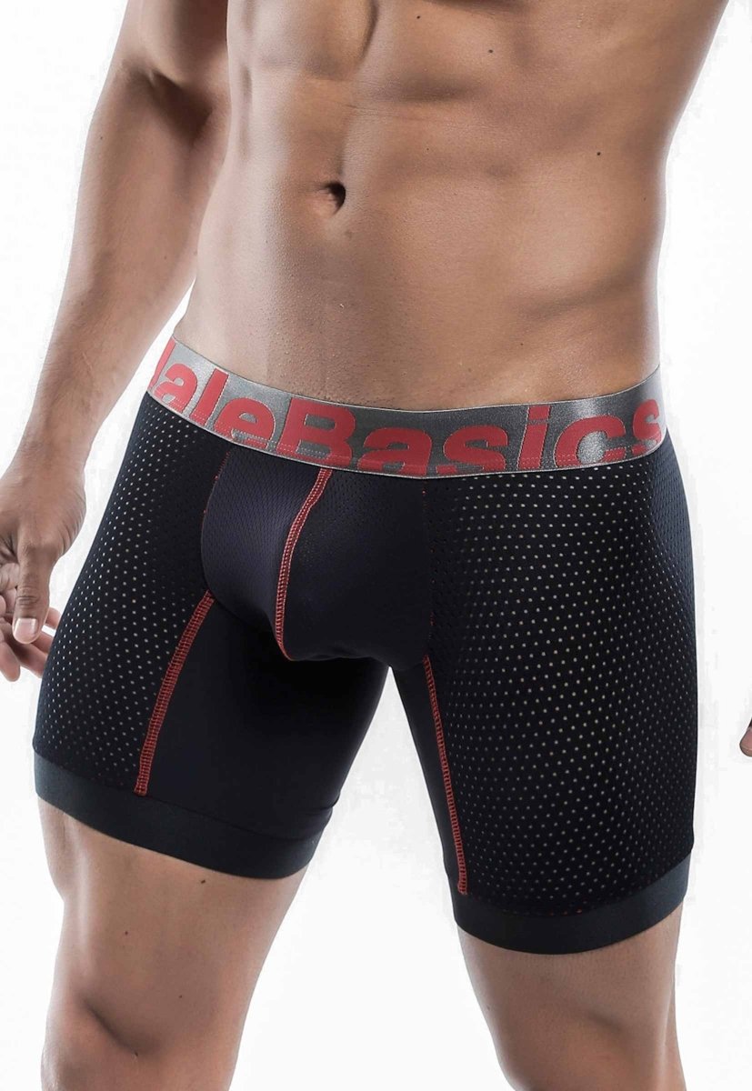 Black malebasics performance titanium fit boxer briefs with perforated texture red stitching and gray elastic waistband