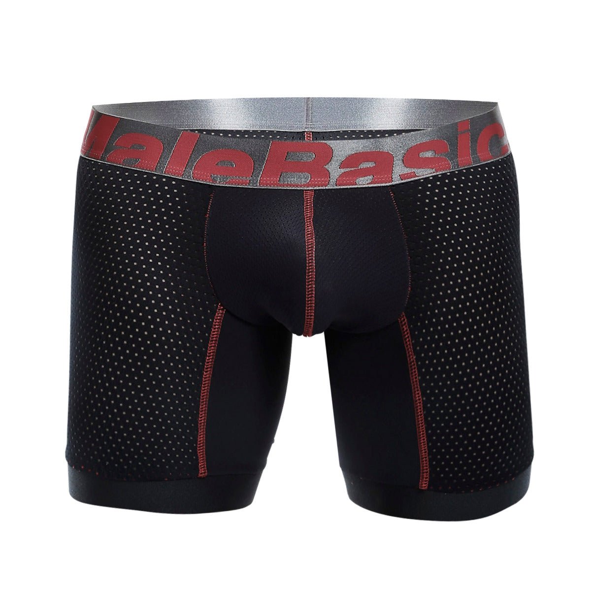 Malebasics performance titanium plus fit boxer brief in black mesh with red stitching and silver malebasic waistband