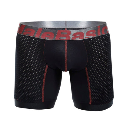 Malebasics performance titanium plus fit boxer brief in black mesh with red stitching and silver malebasic waistband