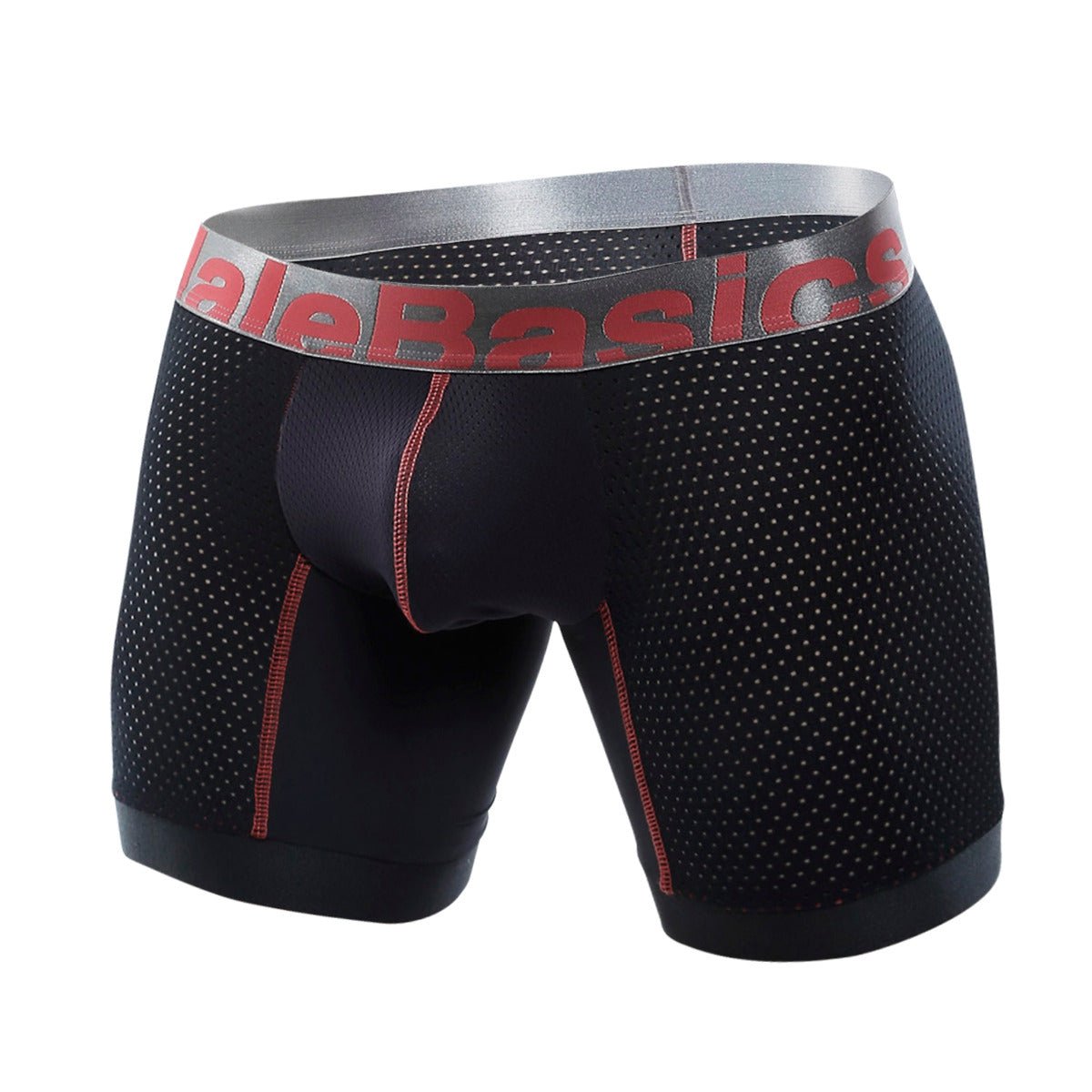 Black mesh malebasics performance titanium fit boxer brief with red stitching and gray waistband visible from front