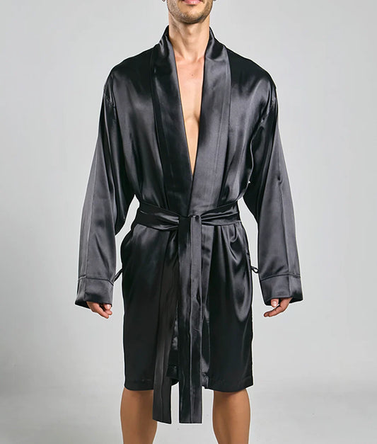 Black satin robe with a sleek glossy finish and matching belt from malebasics robe satin collection