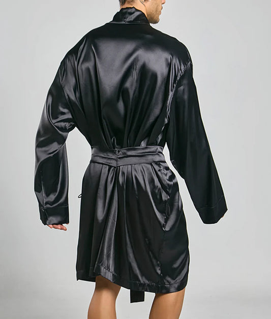 Black satin robe with belted waist and long sleeves by malebasics shown from the front