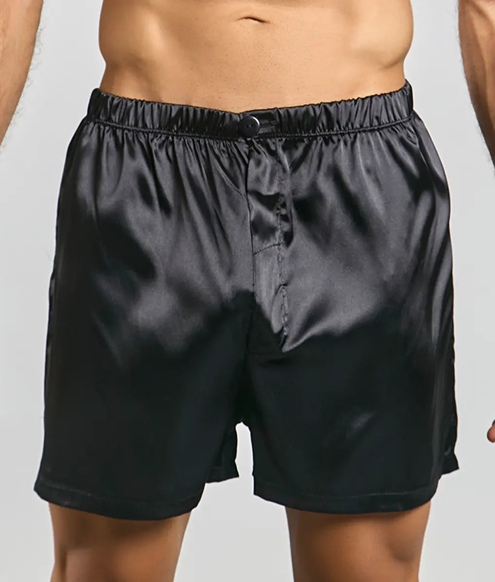Malebasics shorts satin black satin boxer shorts with a smooth glossy finish and elastic waistband